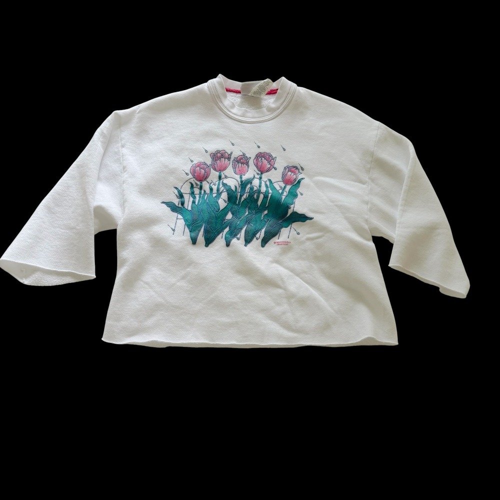 80's Boho White Tulip Cropped Sweatshirt Large Made in USA